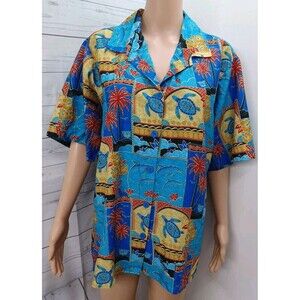 LA LEELA Hawaiian Shirts Womens Tropical Palms Beach Floral Blue L